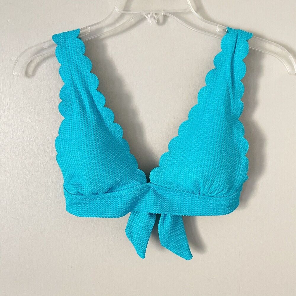 Aerie Size S Blue Scalloped Edge Triangle Back Tie Swim  Top Spring Summer Beach